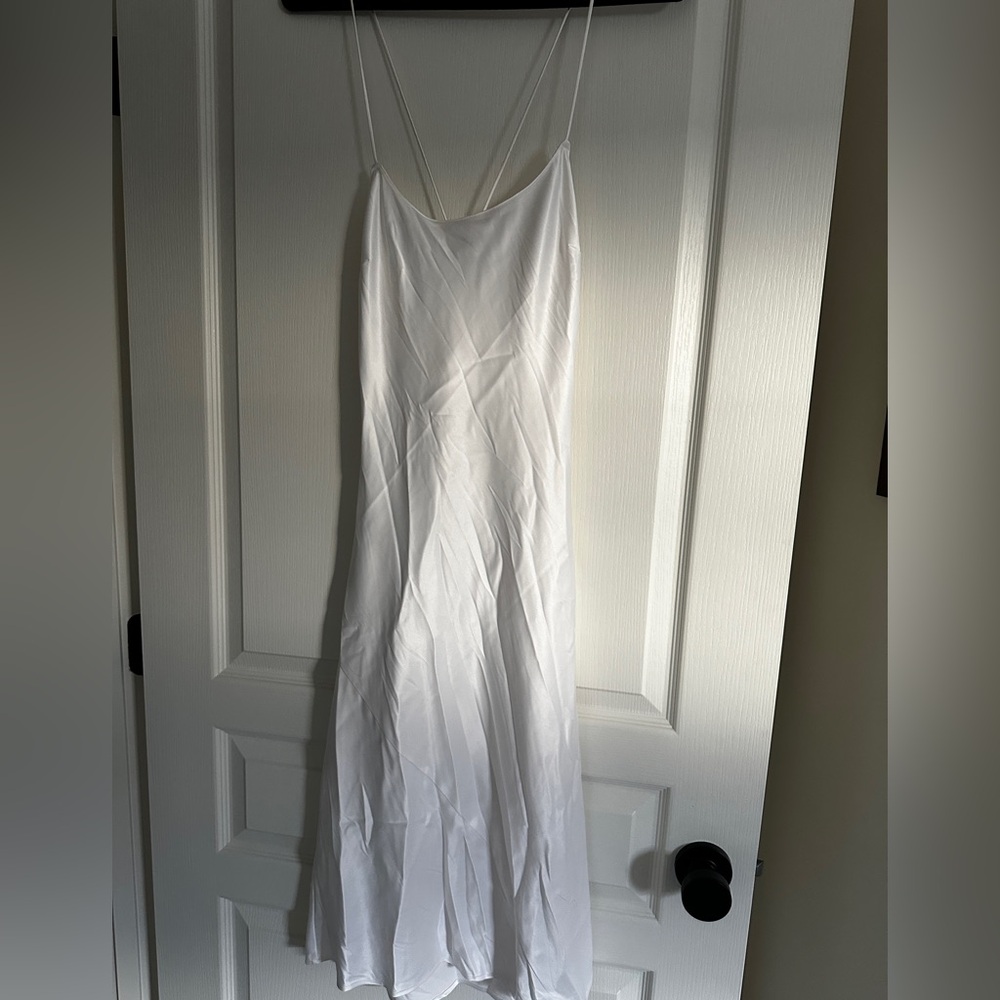 VS satin cowl back fitted white sexy slip midi dress